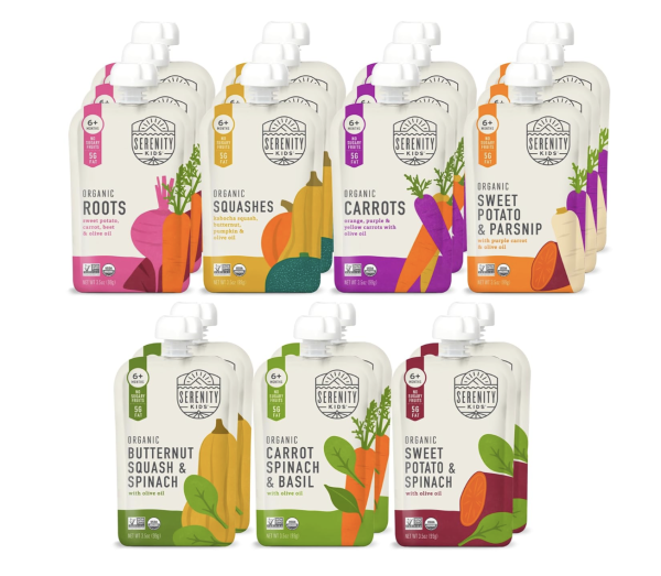 Serenity Kids 6+ Months Certified Organic Baby Food Pouches Veggie Puree Variety Pack 18 count- No Sugary Fruits/Added Sugar - Allergen Free - 3.5 Ounce BPA-Free Bag - Variety Pack - Baby Food Veggies Puree
